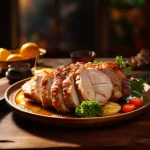 FootballR - NFL - Gebratener Turducken (Truthahn, Ente, Huhn) auf einem Teller mit Gemüse auf einem Holztisch.