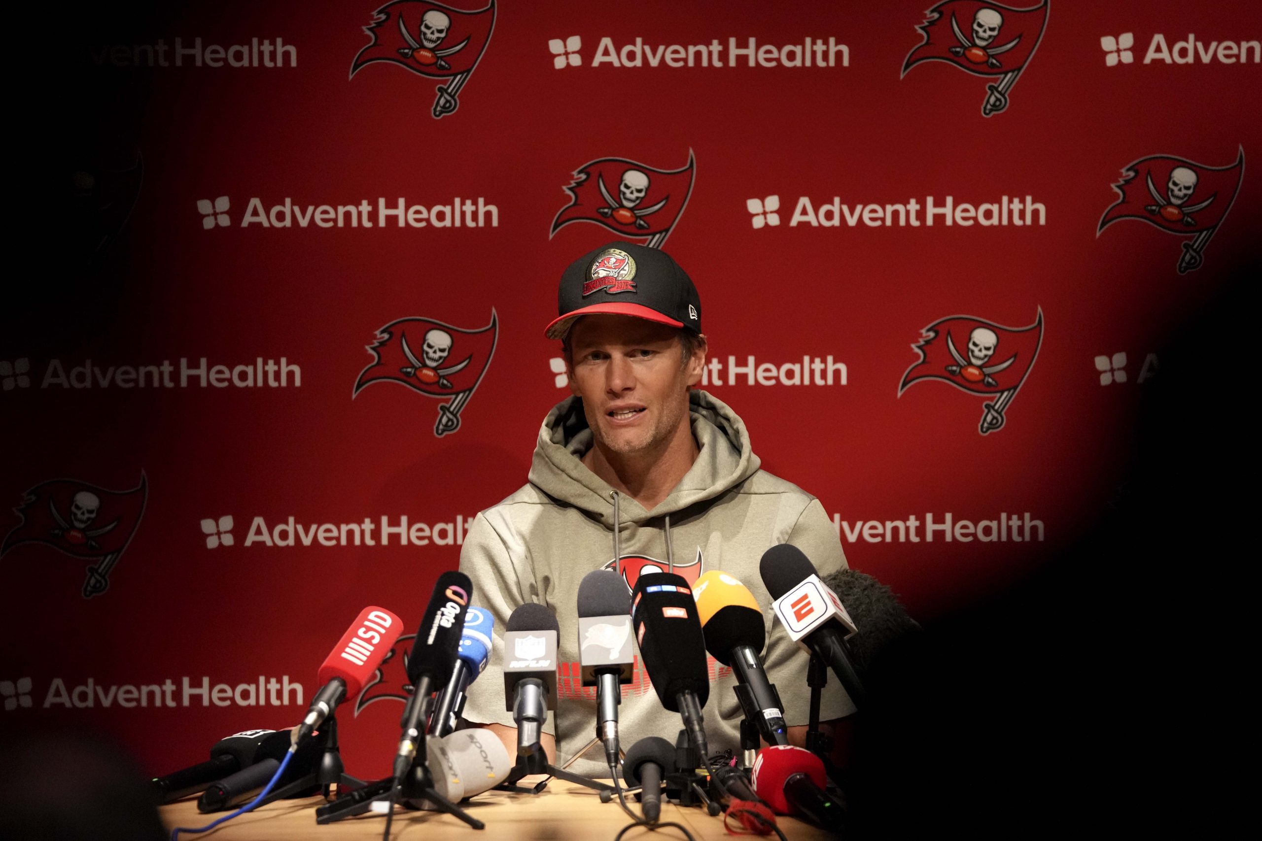 Tampa Bay Buccaneers quarterback Tom Brady attends a news conference after a practice session in Munich, Germany, Friday, Nov. 11, 2022. The Tampa Bay Buccaneers are set to play the Seattle Seahawks in an NFL game at the Allianz Arena in Munich on Sunday. (AP Photo/Matthias Schrader)