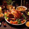 FootballR - NFL - Thanksgiving-Abendessen mit Truthahn, Gemüse und Obst auf einem Tisch.