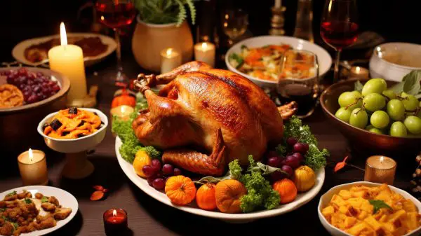 FootballR - NFL - Thanksgiving-Abendessen mit Truthahn, Gemüse und Obst auf einem Tisch.