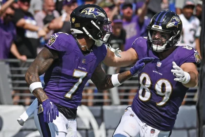 October 27, 2022: In this photo from October 27, 2022, Ravens wide receiver Rashod Bateman, left, celebrates with tight end Mark Andrews after scoring a touchdown against the Dolphins in Week 2 at M&T Bank Stadium. - ZUMAm67_ 20221027_zaf_m67_052 Copyright: xKennethxK.xLamx