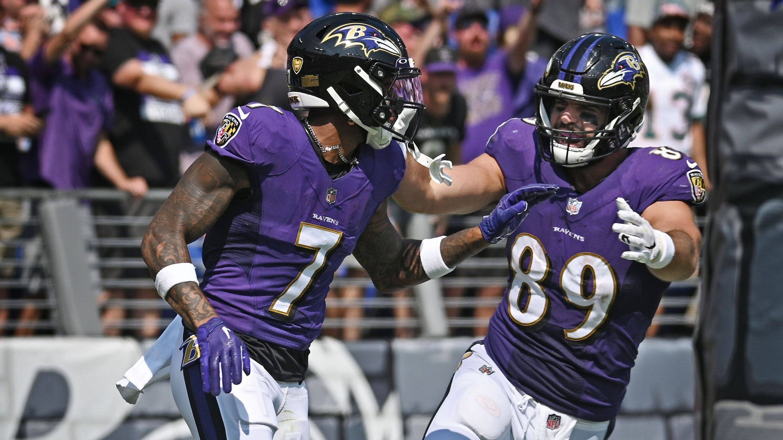 October 27, 2022: In this photo from October 27, 2022, Ravens wide receiver Rashod Bateman, left, celebrates with tight end Mark Andrews after scoring a touchdown against the Dolphins in Week 2 at M&T Bank Stadium. - ZUMAm67_ 20221027_zaf_m67_052 Copyright: xKennethxK.xLamx