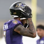 NFL, American Football Herren, USA Baltimore Ravens Training Camp, Jul 27, 2022 Owings Mills, MD, USA Baltimore Ravens wide receiver Rashod Bateman 7 takes off his helmet during day one of training camp at Under Armour Performance Center. Mandatory Credit: Jessica Rapfogel-USA TODAY Sports, 27.07.2022 14:49:40, 18754099, NPStrans, NFL, Rashod Bateman, Baltimore Ravens, Baltimore Ravens-Training Camp PUBLICATIONxINxGERxSUIxAUTxONLY Copyright: xJessicaxRapfogelx 18754099