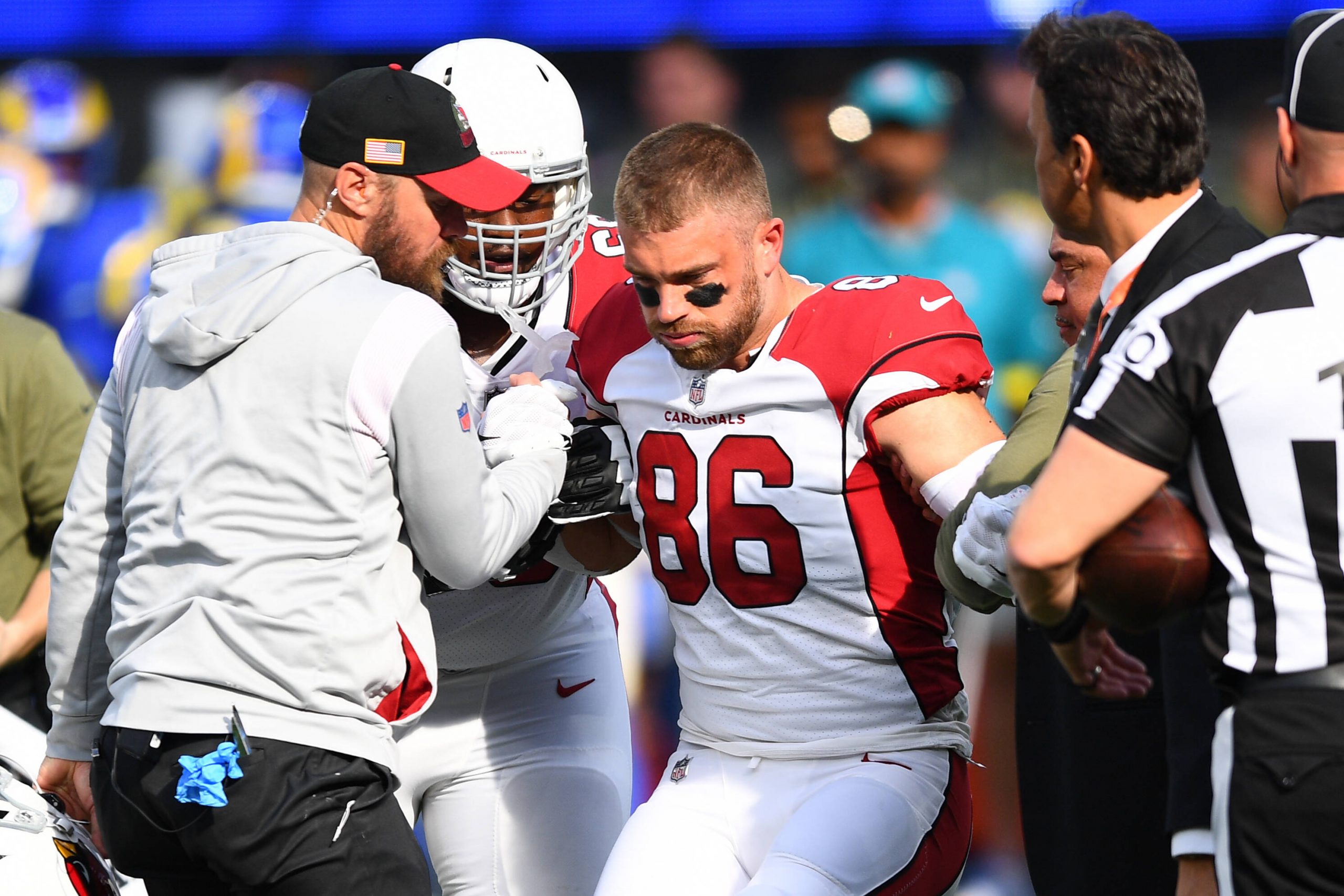 INGLEWOOD, CA - NOVEMBER 13: Arizona Cardinals tight end Zach Ertz 86 is helped off the field after being injured during the NFL, American Football Herren, USA game between the Arizona Cardinals and the Los Angeles Rams on November 13, 2022, at SoFi Stadium in Inglewood, CA. Photo by Brian Rothmuller/Icon Sportswire NFL: NOV 13 Cardinals at Rams Icon221113021