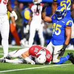 INGLEWOOD, CA - NOVEMBER 13: Los Angeles Rams Linebacker Bobby Wagner 45 calls for the trainers as Arizona Cardinals tight end Zach Ertz 86 is injured on a play during the NFL, American Football Herren, USA game between the Arizona Cardinals and the Los Angeles Rams on November 13, 2022, at SoFi Stadium in Inglewood, CA. Photo by Brian Rothmuller/Icon Sportswire NFL: NOV 13 Cardinals at Rams Icon221113023