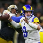 NFL, American Football Herren, USA Los Angeles Rams at New Orleans Saints Nov 20, 2022 New Orleans, Louisiana, USA Los Angeles Rams quarterback Matthew Stafford 9 makes a throw in the first quarter against the New Orleans Saints at the Caesars Superdome. New Orleans Caesars Superdome Louisiana USA, EDITORIAL USE ONLY PUBLICATIONxINxGERxSUIxAUTxONLY Copyright: xChuckxCookx 20221120_cec_ac9_005