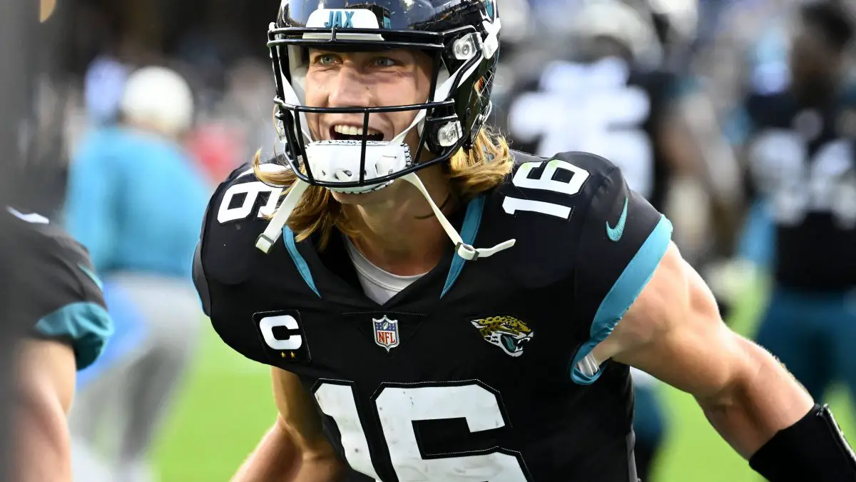 Jaguars Quarterback Trevor Lawrence celebrates after a two point score in the fourth quarter as the Ravens take on the Jaguars at the TIAA Bank Field in Jacksonville, Florida on Sunday, November 26, 2022. The underdog Jaguars defeated the Ravens 28-27. PUBLICATIONxINxGERxSUIxAUTxHUNxONLY JAP20221127001 JOExMARINO