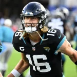 Jaguars Quarterback Trevor Lawrence celebrates after a two point score in the fourth quarter as the Ravens take on the Jaguars at the TIAA Bank Field in Jacksonville, Florida on Sunday, November 26, 2022. The underdog Jaguars defeated the Ravens 28-27. PUBLICATIONxINxGERxSUIxAUTxHUNxONLY JAP20221127001 JOExMARINO