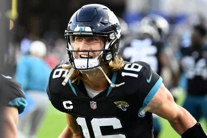 Jaguars Quarterback Trevor Lawrence celebrates after a two point score in the fourth quarter as the Ravens take on the Jaguars at the TIAA Bank Field in Jacksonville, Florida on Sunday, November 26, 2022. The underdog Jaguars defeated the Ravens 28-27. PUBLICATIONxINxGERxSUIxAUTxHUNxONLY JAP20221127001 JOExMARINO