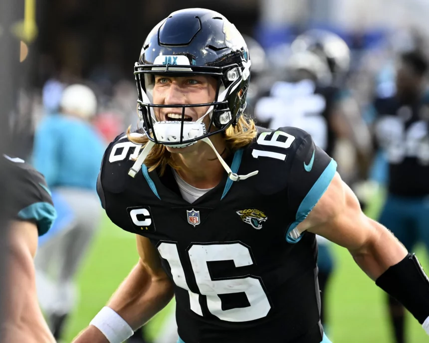 Jaguars Quarterback Trevor Lawrence celebrates after a two point score in the fourth quarter as the Ravens take on the Jaguars at the TIAA Bank Field in Jacksonville, Florida on Sunday, November 26, 2022. The underdog Jaguars defeated the Ravens 28-27. PUBLICATIONxINxGERxSUIxAUTxHUNxONLY JAP20221127001 JOExMARINO