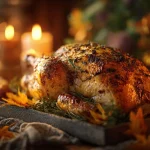 Turducken - Eine goldbraun gebratene Truthahnente liegt auf einem Tablett, garniert mit frischen Kräutern und Herbstblättern. Im Hintergrund leuchtet warmes Kerzenlicht, das mit kleinen Kürbissen und rustikaler Holztischdekoration eine gemütliche, festliche Atmosphäre schafft. Diese Beschreibung wurde mit der FootballR KI automatisch generiert.