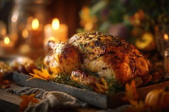 Turducken - Eine goldbraun gebratene Truthahnente liegt auf einem Tablett, garniert mit frischen Kräutern und Herbstblättern. Im Hintergrund leuchtet warmes Kerzenlicht, das mit kleinen Kürbissen und rustikaler Holztischdekoration eine gemütliche, festliche Atmosphäre schafft. Diese Beschreibung wurde mit der FootballR KI automatisch generiert.