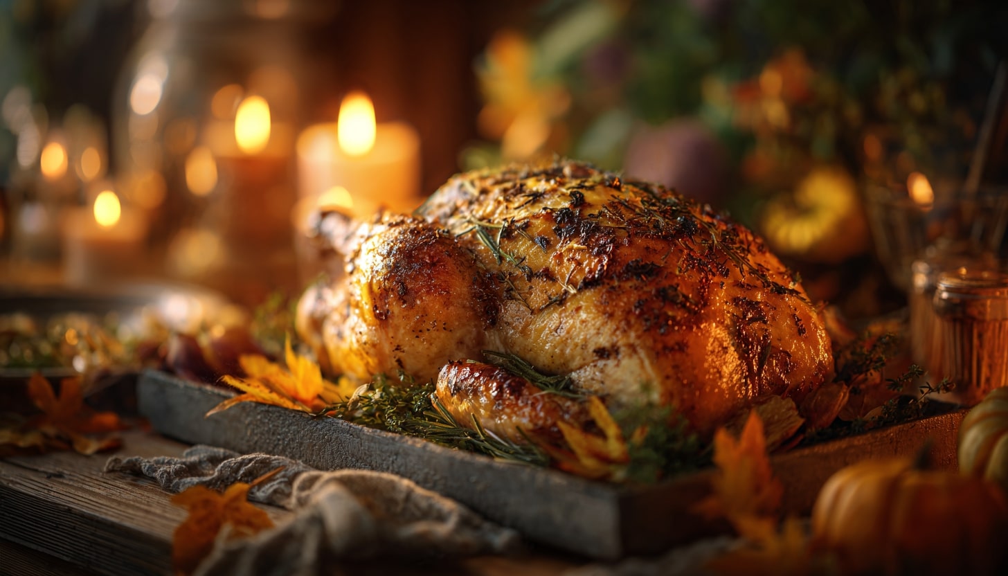 Turducken - Eine goldbraun gebratene Truthahnente liegt auf einem Tablett, garniert mit frischen Kräutern und Herbstblättern. Im Hintergrund leuchtet warmes Kerzenlicht, das mit kleinen Kürbissen und rustikaler Holztischdekoration eine gemütliche, festliche Atmosphäre schafft. Diese Beschreibung wurde mit der FootballR KI automatisch generiert.