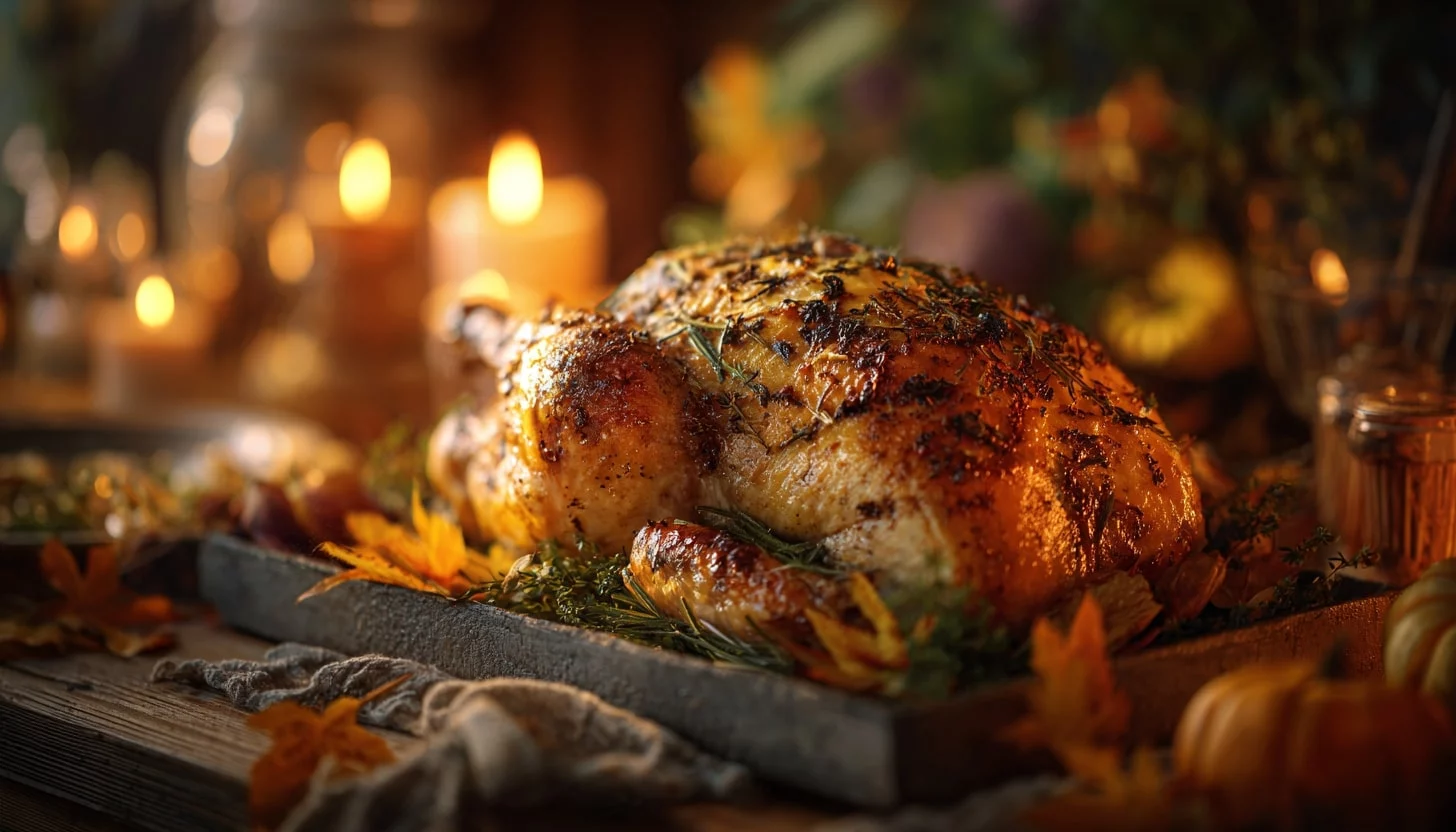 Turducken - Eine goldbraun gebratene Truthahnente liegt auf einem Tablett, garniert mit frischen Kräutern und Herbstblättern. Im Hintergrund leuchtet warmes Kerzenlicht, das mit kleinen Kürbissen und rustikaler Holztischdekoration eine gemütliche, festliche Atmosphäre schafft. Diese Beschreibung wurde mit der FootballR KI automatisch generiert.