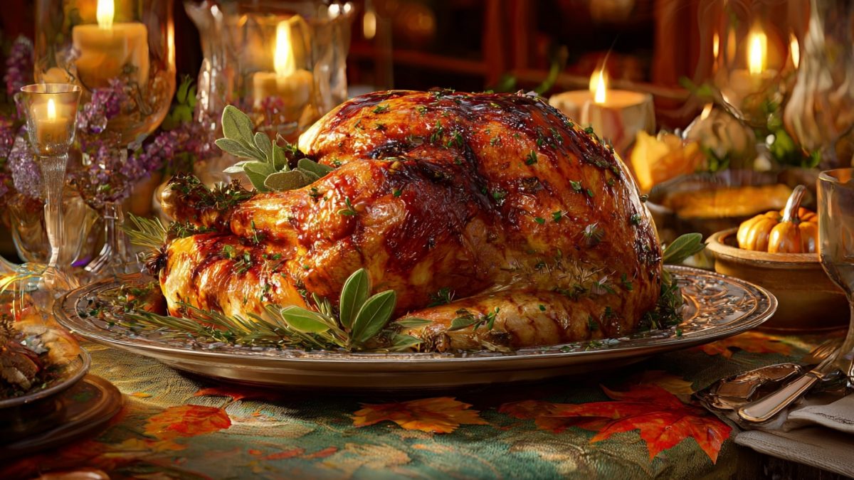 Ein goldbrauner amerikanischer Festtagsbraten oder Truthahn, garniert mit frischen Kräutern, liegt auf einem Silbertablett, umgeben von Kerzen, Blumen und Herbstblättern, und schafft eine warme, festliche Atmosphäre, die perfekt für ein Festmahl ist. Diese Beschreibung wurde mit der FootballR KI automatisch generiert.