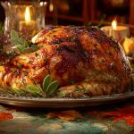 Ein goldbrauner amerikanischer Festtagsbraten oder Truthahn, garniert mit frischen Kräutern, liegt auf einem Silbertablett, umgeben von Kerzen, Blumen und Herbstblättern, und schafft eine warme, festliche Atmosphäre, die perfekt für ein Festmahl ist. Diese Beschreibung wurde mit der FootballR KI automatisch generiert.