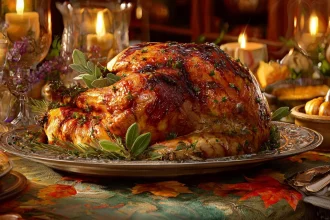 Ein goldbrauner amerikanischer Festtagsbraten oder Truthahn, garniert mit frischen Kräutern, liegt auf einem Silbertablett, umgeben von Kerzen, Blumen und Herbstblättern, und schafft eine warme, festliche Atmosphäre, die perfekt für ein Festmahl ist. Diese Beschreibung wurde mit der FootballR KI automatisch generiert.