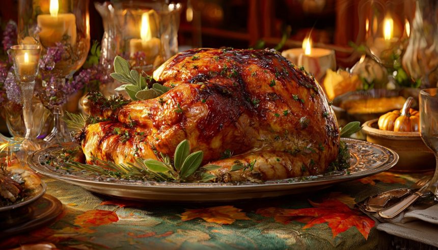 Ein goldbrauner amerikanischer Festtagsbraten oder Truthahn, garniert mit frischen Kräutern, liegt auf einem Silbertablett, umgeben von Kerzen, Blumen und Herbstblättern, und schafft eine warme, festliche Atmosphäre, die perfekt für ein Festmahl ist. Diese Beschreibung wurde mit der FootballR KI automatisch generiert.