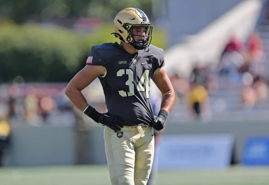 NCAA, College League, USA Football: Texas-San Antonio at Army, Sep 10, 2022 West Point, New York, USA Army Black Knights outside linebacker Andre Carter II 34 during the second half against the UTSA Roadrunners at Michie Stadium. Mandatory Credit: Danny Wild-USA TODAY Sports, 10.09.2022 14:36:37, 19020566, UTSA Roadrunners, Michie Stadium, Army, NCAA Football, Army Black Knights, Andre Carter II PUBLICATIONxINxGERxSUIxAUTxONLY Copyright: xDannyxWildx 19020566