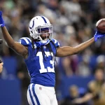 NFL, American Football Herren, USA Las Vegas Raiders at Indianapolis Colts, Jan 2, 2022 Indianapolis, Indiana, USA Indianapolis Colts wide receiver T.Y. Hilton 13 celebrates a touchdown during the second half against the Las Vegas Raiders at Lucas Oil Stadium. Raiders won 23-20. Mandatory Credit: Marc Lebryk-USA TODAY Sports, 02.01.2022 14:44:37, 17443351, Lucas Oil Stadium, NPStrans, Las Vegas Raiders, T.Y. Hilton, NFL, Indianapolis Colts, Raiders, TopPic PUBLICATIONxINxGERxSUIxAUTxONLY Copyright: xMarcxLebrykx 17443351
