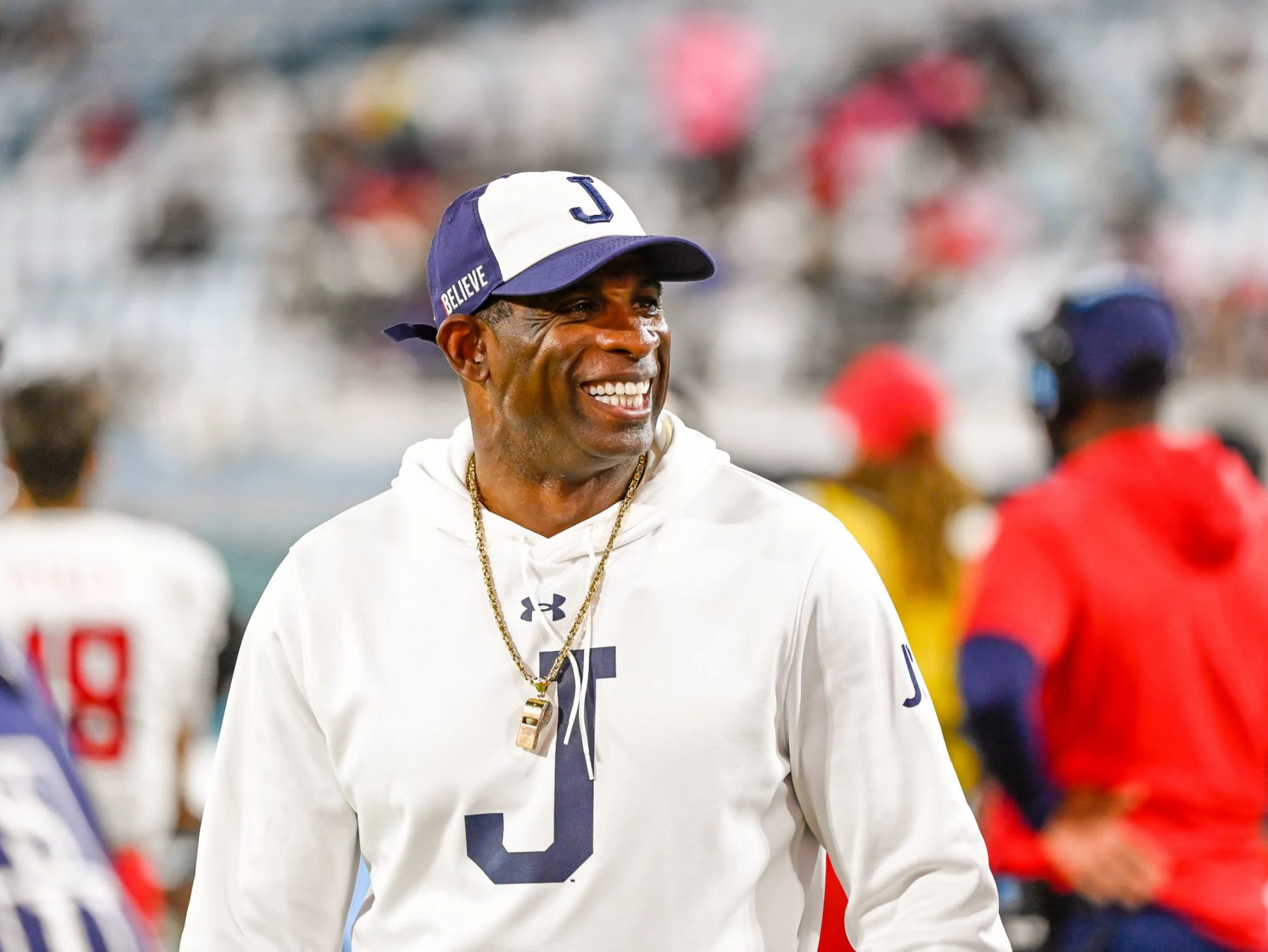 Deion Sanders - October 15, 2022 - Jacksonville, FL, U.S: Jackson State Tigers head coach Deion Sanders during 2nd half NCAA, College League, USA football game between Jackson State Tigers and Bethune Cookman Wildcats. JSU defeated BCU 48-8 at TIAA Bank Field in Jacksonville, Fl. Romeo T Guzman/Cal Media Jacksonville USA - ZUMAcg2_ 20221015_zaf_cg2_031 Copyright: xRomeoxGuzmanx