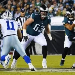 PHILADELPHIA, PA - OCTOBER 16: Philadelphia Eagles Offensive Tackle Jack Driscoll 63 looks to block during the second half of the National Football League game between the Dallas Cowboys and Philadelphia Eagles on October 16,2022, at Lincoln Financial Field in Philadelphia, PA. Photo by Gregory Fisher/Icon Sportswire NFL, American Football Herren, USA OCT 16 Cowboys at Eagles Icon221016145