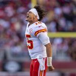 NFL, American Football Herren, USA Kansas City Chiefs at San Francisco 49ers October 23, 2022 Santa Clara, California, USA Kansas City Chiefs quarterback Patrick Mahomes 15 celebrates after a point-after-touchdown against the San Francisco 49ers during the fourth quarter at Levi s Stadium. Santa Clara Levi s Stadium California USA, EDITORIAL USE ONLY PUBLICATIONxINxGERxSUIxAUTxONLY Copyright: xKylexTeradax 20221023_kkt_st3_029
