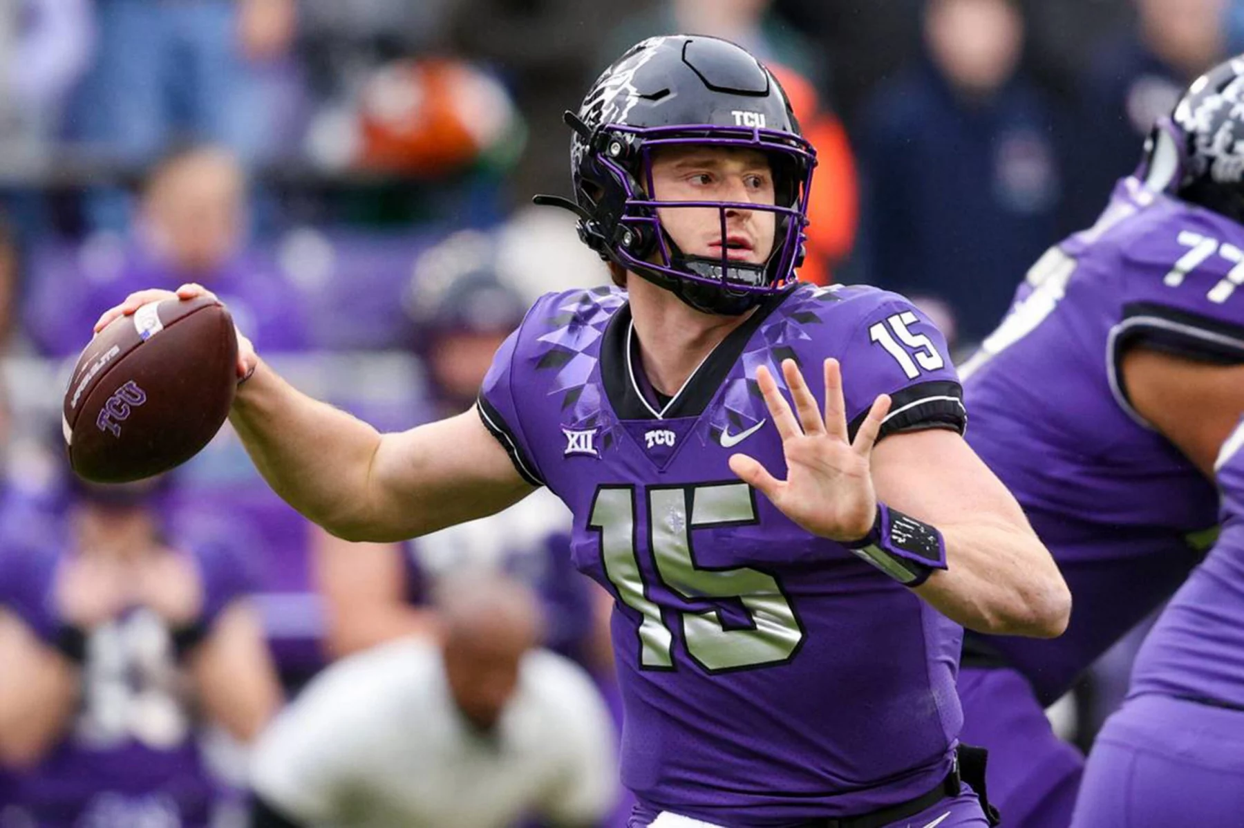 December 1, 2022: TCU quarterback Max Duggan looks to pass in the first half against Iowa State at Amon G. Carter Stadiu