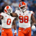 December 3, 2022: Clemson Tigers defensive end Myles Murphy 98 calls out a pre-snap offensive penalty during the NCAA, College League, USA Football Subway ACC Championship Game between the Clemson Tigers and the North Carolina Tar Heels at Bank of America Stadium in Charlotte, North Carolina. /CSM Charlotte USA - ZUMAc04_ 20221204_zaf_c04_010 Copyright: xGregxAtkinsx