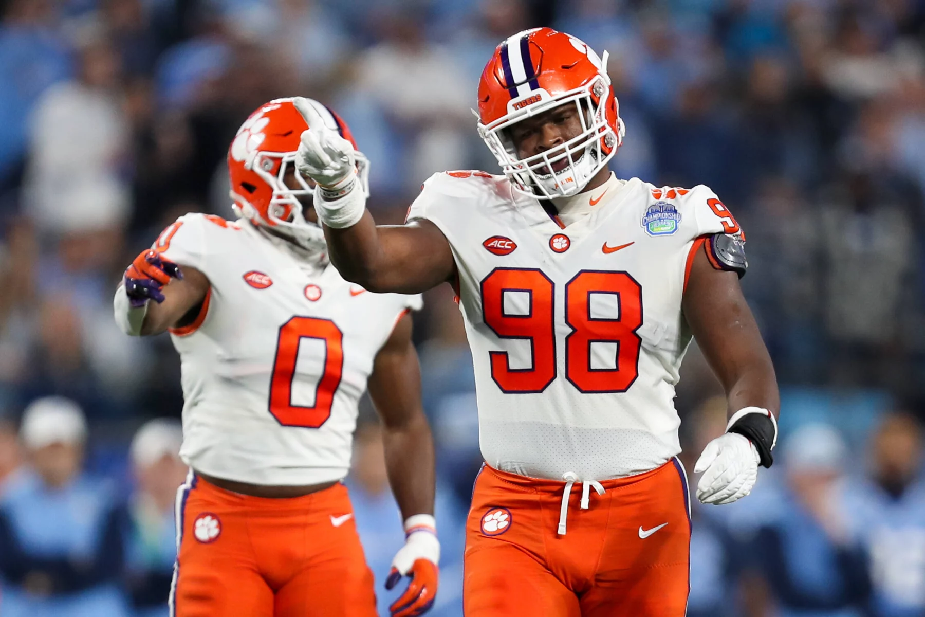 December 3, 2022: Clemson Tigers defensive end Myles Murphy 98 calls out a pre-snap offensive penalty during the NCAA, College League, USA Football Subway ACC Championship Game between the Clemson Tigers and the North Carolina Tar Heels at Bank of America Stadium in Charlotte, North Carolina. /CSM Charlotte USA - ZUMAc04_ 20221204_zaf_c04_010 Copyright: xGregxAtkinsx