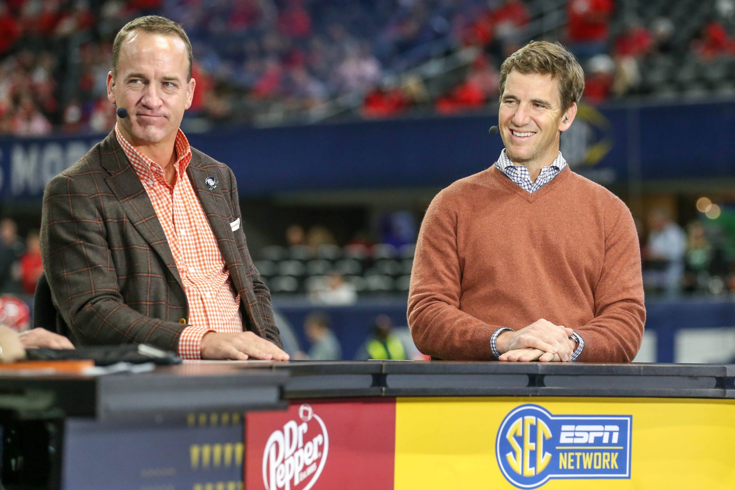 December 03, 2022: SEC Legends Peyton Manning and brother Eli Manning are interviewed on the set of SEC Nation prior to SEC Championship action between the Georgia Bulldogs and the LSU Tigers at the Mercedes Benz Stadium in Atlanta, GA. /CSM Atlanta USA - ZUMAc04_ 20221203_zaf_c04_426 Copyright: xJonathanxMailhesx