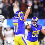 Baker Mayfield - INGLEWOOD, CA - DECEMBER 08: Los Angeles Rams quarterback Baker Mayfield 17 celebrates after throwing the game winning touchdown during the NFL, American Football Herren, USA game between the Las Vegas Raiders and the Los Angeles Rams on December 8, 2022, at SoFi Stadium in Inglewood, CA. Photo by Brian Rothmuller/Icon Sportswire NFL: DEC 08 Raiders at Rams Icon221208028