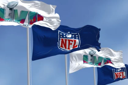Flags of he 57th Super Bowl and NFL waving in the wind, Glendale, US, Nov 2022: Flags of he 57th Super Bowl and NFL waving in the wind. The game is scheduled to be played on February 12, 2023 in Glendale, Arizona, Glendale, US, Nov 2022: Flags of he 57th Super Bowl and NFL waving in the wind. The game is scheduled to be played on February 12, 2023 in Glendale, Arizona, 25.11.2022, Copyright: xrarrarorrox Panthermedia33062009.jpg