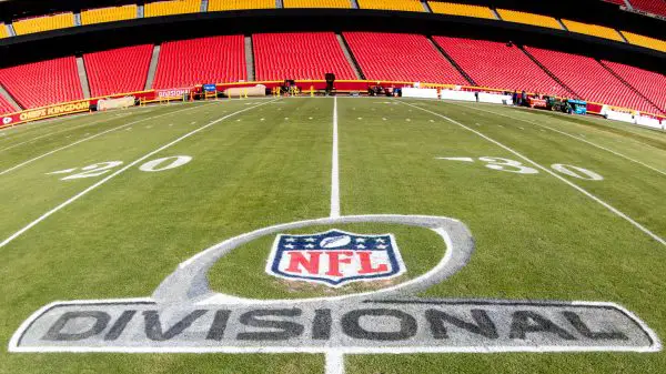 KANSAS CITY, MO - JANUARY 23: NFL, American Football Herren, USA Divionsal logo on the field prior to the game between the Kansas City Chiefs and the Buffalo Bills on January 23rd, 2022 at GEHA field at Arrowhead Stadium in Kansas City, Missouri. Photo by William Purnell/Icon Sportswire NFL: JAN 23 AFC Divisional Round - Bills at Chiefs Icon2201230015