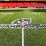 KANSAS CITY, MO - JANUARY 30: The NFL, American Football Herren, USA Championship logo on the field before the AFC Championship game between the Cincinnati Bengals and Kansas City Chiefs on Jan 30, 2022 at GEHA Field at Arrowhead Stadium in Kansas City, MO. Photo by Scott Winters/Icon Sportswire NFL: JAN 30 AFC Conference Championship - Bengals at Chiefs Icon2201300100