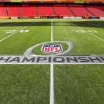 KANSAS CITY, MO - JANUARY 30: The NFL, American Football Herren, USA Championship logo on the field before the AFC Championship game between the Cincinnati Bengals and Kansas City Chiefs on Jan 30, 2022 at GEHA Field at Arrowhead Stadium in Kansas City, MO. Photo by Scott Winters/Icon Sportswire NFL: JAN 30 AFC Conference Championship - Bengals at Chiefs Icon2201300100
