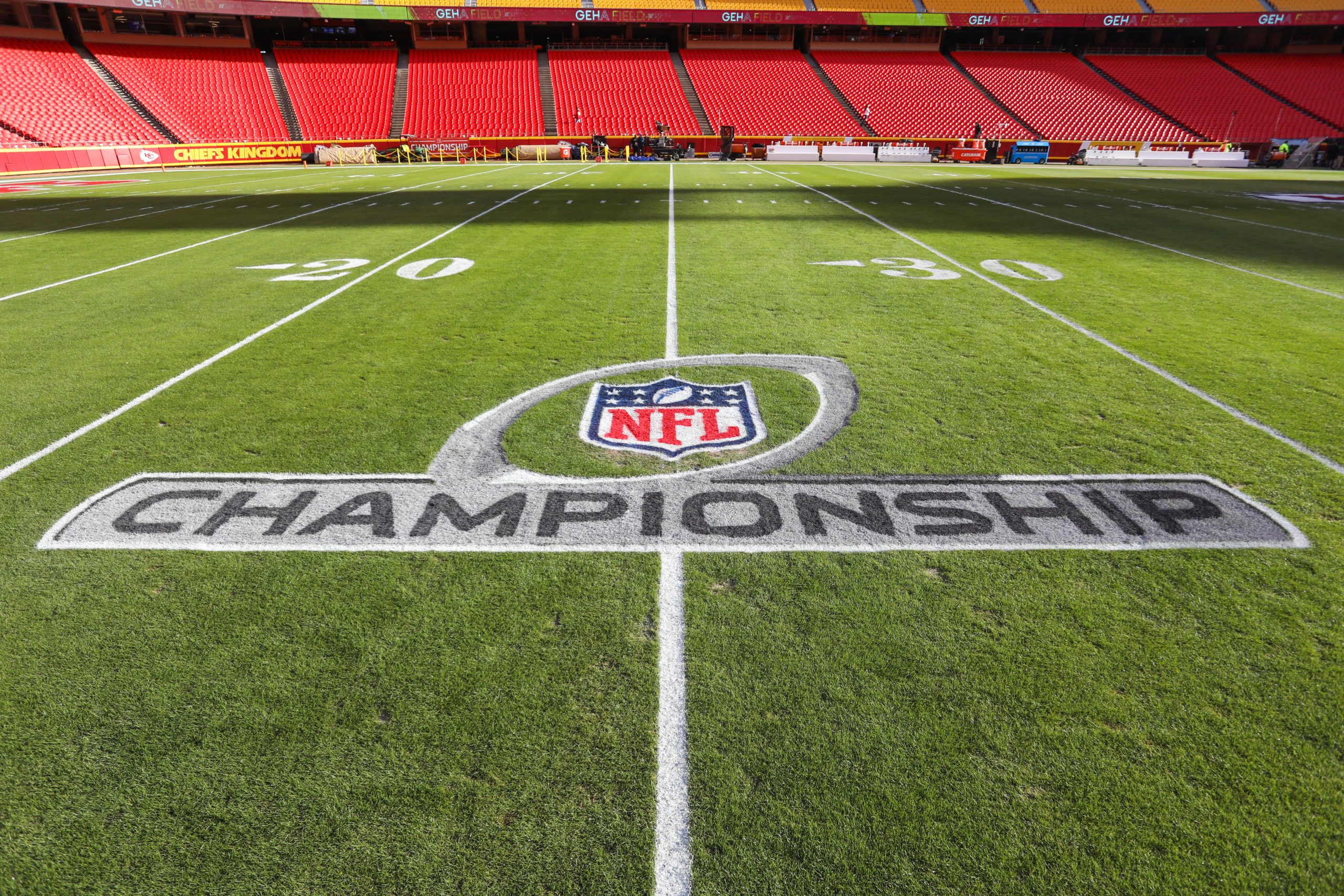 KANSAS CITY, MO - JANUARY 30: The NFL, American Football Herren, USA Championship logo on the field before the AFC Championship game between the Cincinnati Bengals and Kansas City Chiefs on Jan 30, 2022 at GEHA Field at Arrowhead Stadium in Kansas City, MO. Photo by Scott Winters/Icon Sportswire NFL: JAN 30 AFC Conference Championship - Bengals at Chiefs Icon2201300100