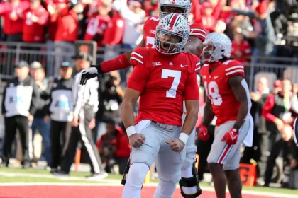 CJ Stroud - NCAA, College League, USA Football: Michigan at Ohio State Nov 26, 2022 Columbus, Ohio, USA Ohio State Buckeyes quarterback C.J. Stroud 7 celebrates during the first half against the Michigan Wolverines at Ohio Stadium. Columbus Ohio Stadium Ohio USA, EDITORIAL USE ONLY PUBLICATIONxINxGERxSUIxAUTxONLY Copyright: xJosephxMaioranax 20221126_tbs_mb3_098