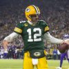 January 1, 2023: Green Bay Packers quarterback Aaron Rodgers 12 celebrates scoring a touchdown during a game against the Minnesota Vikings in Green Bay, Wisconsin. /Cal Media Green Bay United States of America - ZUMAc04_ 20230101_zaf_c04_315 Copyright: xKirstenxSchmittx