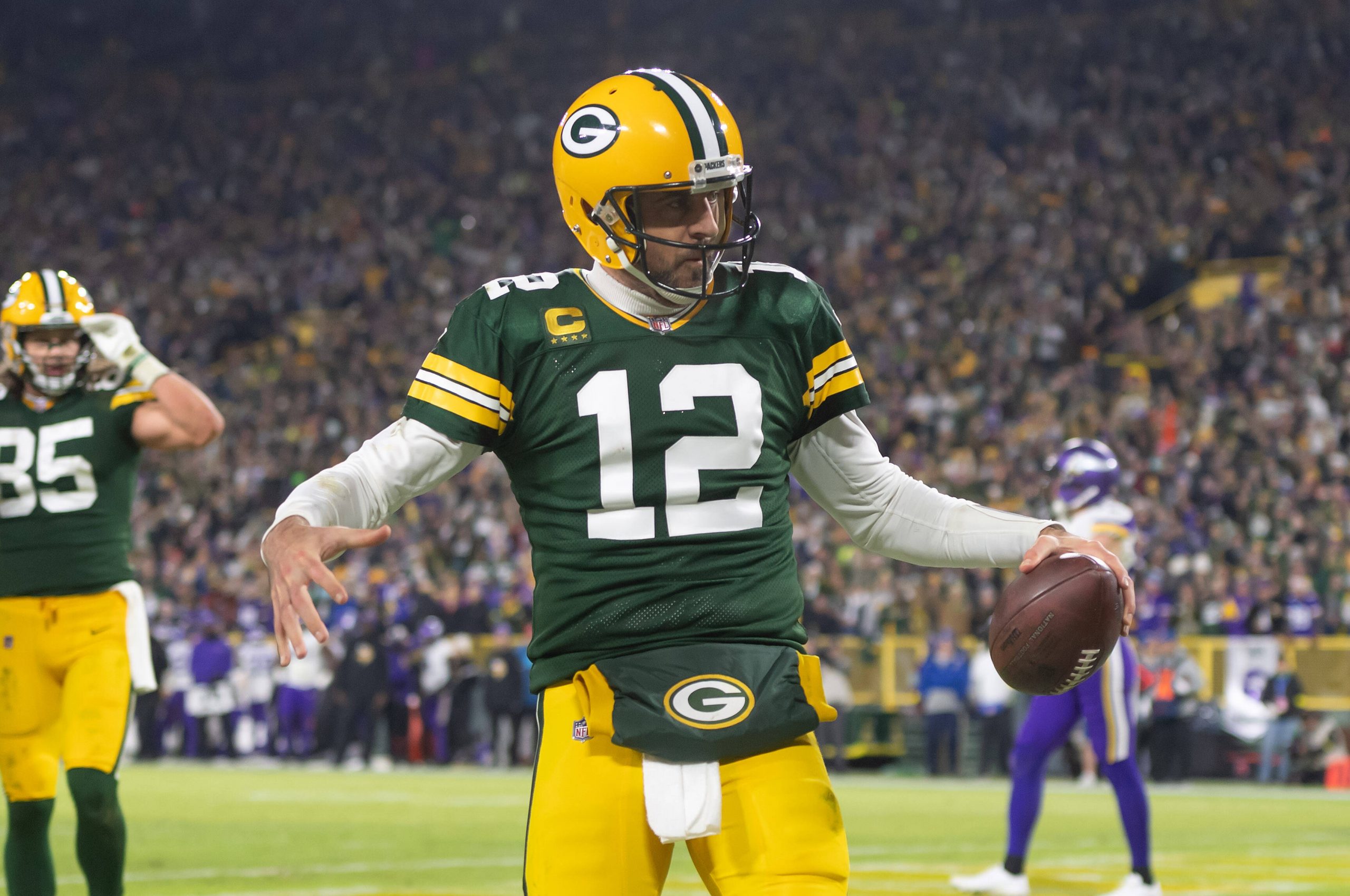 January 1, 2023: Green Bay Packers quarterback Aaron Rodgers 12 celebrates scoring a touchdown during a game against the Minnesota Vikings in Green Bay, Wisconsin. /Cal Media Green Bay United States of America - ZUMAc04_ 20230101_zaf_c04_315 Copyright: xKirstenxSchmittx