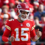 NFL Awards 2022 - MVP - KANSAS CITY, MO - JANUARY 01: Kansas City Chiefs quarterback Patrick Mahomes 15 signals thumbs-up in the second quarter of an AFC West game between the Denver Broncos and Kansas City Chiefs on January 1, 2023 at GEHA Field at.Arrowhead Stadium in Kansas City, MO. Photo by Scott Winters/Icon Sportswire NFL, American Football Herren, USA JAN 01 Broncos at Chiefs Icon2301010573