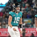 January 14, 2023, Jacksonville, Florida, USA: Jacksonville Jaguars quarterback Trevor Lawrence 16 celebrates his touchdown throw during the wild card playoff game between the Los Angeles Chargers and the Jacksonville Jaguars, Saturday, Jan. 14, 2023 at TIAA Bank Field in Jacksonville, Fla. Jacksonville USA - ZUMAj102 20230114_zap_j102_013 Copyright: xPeterxJoneleitx