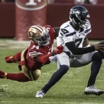 San Francisco 49ers defensive end Charles Omenihu 94 dives at Seattle Seahawks quarterback Geno Smith 7 in the fourth quarter of the NFC Wildcard game against the Seattle Seahawks at Levi s Stadium in Santa Clara, California on Saturday, January 14, 2023. The 49ers defeated the Seahawks 41-23. PUBLICATIONxINxGERxSUIxAUTxHUNxONLY SXP2023011431 TERRYxSCHMITT