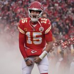 NFL, American Football Herren, USA AFC Divisional Round-Jacksonville Jaguars at Kansas City Chiefs Jan 21, 2023 Kansas City, Missouri, USA Kansas City Chiefs quarterback Patrick Mahomes 15 is introduced before playing against the Jacksonville Jaguars in the AFC divisional round game at GEHA Field at Arrowhead Stadium. Kansas City GEHA Field at Arrowhead Stadium Missouri USA, EDITORIAL USE ONLY PUBLICATIONxINxGERxSUIxAUTxONLY Copyright: xDennyxMedleyx 20230121_gav_sm8_018