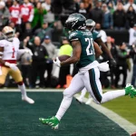 Jan 29, 2023 Philadelphia, Pennsylvania, USA Philadelphia Eagles running back Miles Sanders 26 runs in for a touch down during the first half of the NFC Championship against the San Francisco 49ers in Philadelphia, Pennsylvania. Mandatory Credit /CSM Philadelphia USA - ZUMAc04_ 20230129_zaf_c04_086 Copyright: xEricxCanhax