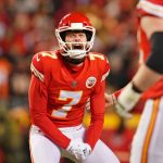 NFL, American Football Herren, USA AFC Championship-Cincinnati Bengals at Kansas City Chiefs Jan 29, 2023 Kansas City, Missouri, USA Kansas City Chiefs place kicker Harrison Butker 7 celebrates after making a game-winning field goal against the Cincinnati Bengals during the fourth quarter of the AFC Championship game at GEHA Field at Arrowhead Stadium. Kansas City GEHA Field at Arrowhead Stadium Missouri USA, EDITORIAL USE ONLY PUBLICATIONxINxGERxSUIxAUTxONLY Copyright: xJayxBiggerstaffx 20230129_jcd_ba4_0276