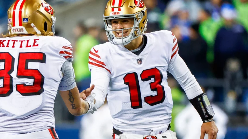 Brock Purdy - George Kittle - NFL, American Football Herren, USA San Francisco 49ers at Seattle Seahawks Dec 15, 2022 Seattle, Washington, USA San Francisco 49ers quarterback Brock Purdy 13 celebrates with tight end George Kittle 85 during the late fourth quarter against the Seattle Seahawks at Lumen Field. Seattle Lumen Field Washington USA, EDITORIAL USE ONLY PUBLICATIONxINxGERxSUIxAUTxONLY Copyright: xJoexNicholsonx 2022-12-15_jmn_sn8_029