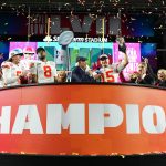 Kansas City Chiefs quarterback Patrick Mahomes (15) is interviewed by Fox Sports analyst Terry Bradshaw following the Super Bowl LVII football game against the Philadelphia Eagles on Sunday, February 12, 2023 in Glendale, Arizona. (Cooper Neill/NFL)