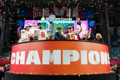 Kansas City Chiefs quarterback Patrick Mahomes (15) is interviewed by Fox Sports analyst Terry Bradshaw following the Super Bowl LVII football game against the Philadelphia Eagles on Sunday, February 12, 2023 in Glendale, Arizona. (Cooper Neill/NFL)