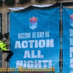 Düsseldorf 06.02.2023 NFL National Football League Hauptquartier soll nach Düsseldorf kommen Bühnenaufbau zu Karneval Marktplatz Rathaus Düsseldorf Nordrhein-Westfalen Deutschland *** Düsseldorf 06 02 2023 NFL National Football League headquarters to come to Düsseldorf stage construction to carnival marketplace city hall Düsseldorf North Rhine Westphalia Germany